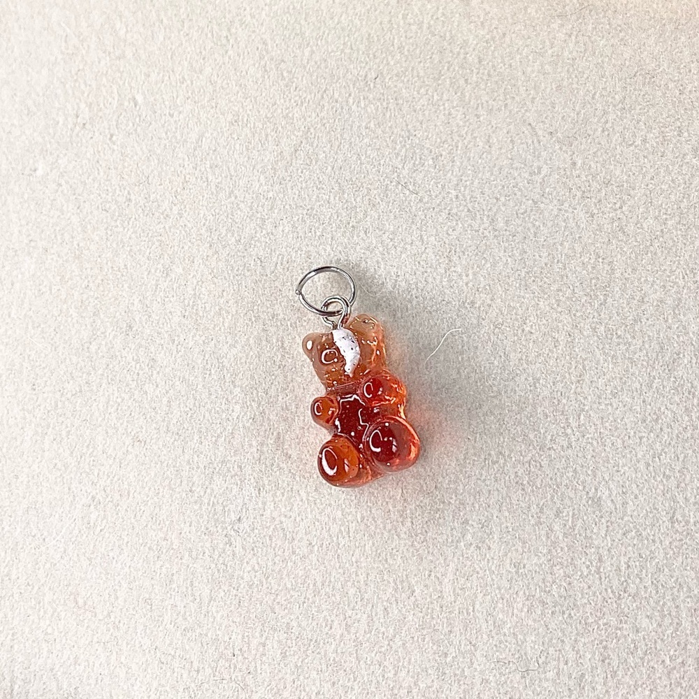Caramel Cherry Glitter Gummy Bear Charm – Amber & Red Candy Bear Pendant